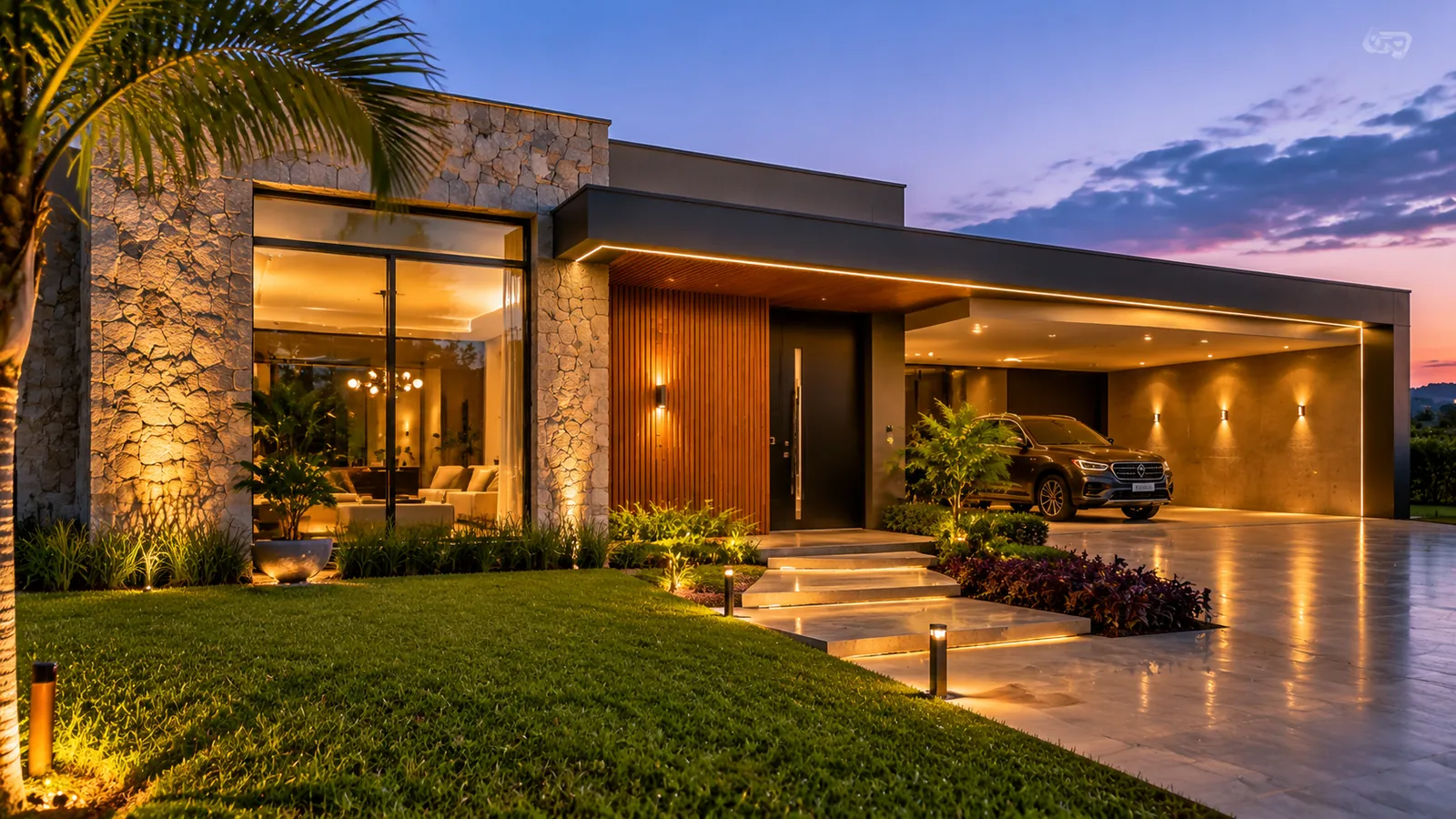 Casa térrea de alto padrão ao entardecer, com pedra natural, ripado de madeira e garagem coberta iluminada, imagem ilustrativa
