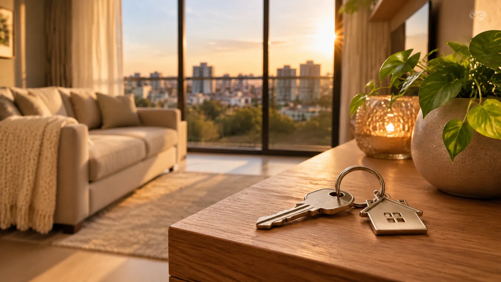 Chave com chaveiro em forma de casa sobre mesa de madeira, com sala de apartamento e vista da cidade ao entardecer, imagem ilustrativa