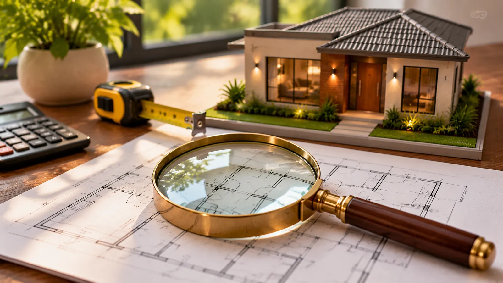Lupa dourada sobre planta baixa com maquete de casa, trena e calculadora, imagem ilustrativa sobre avaliação de imóvel