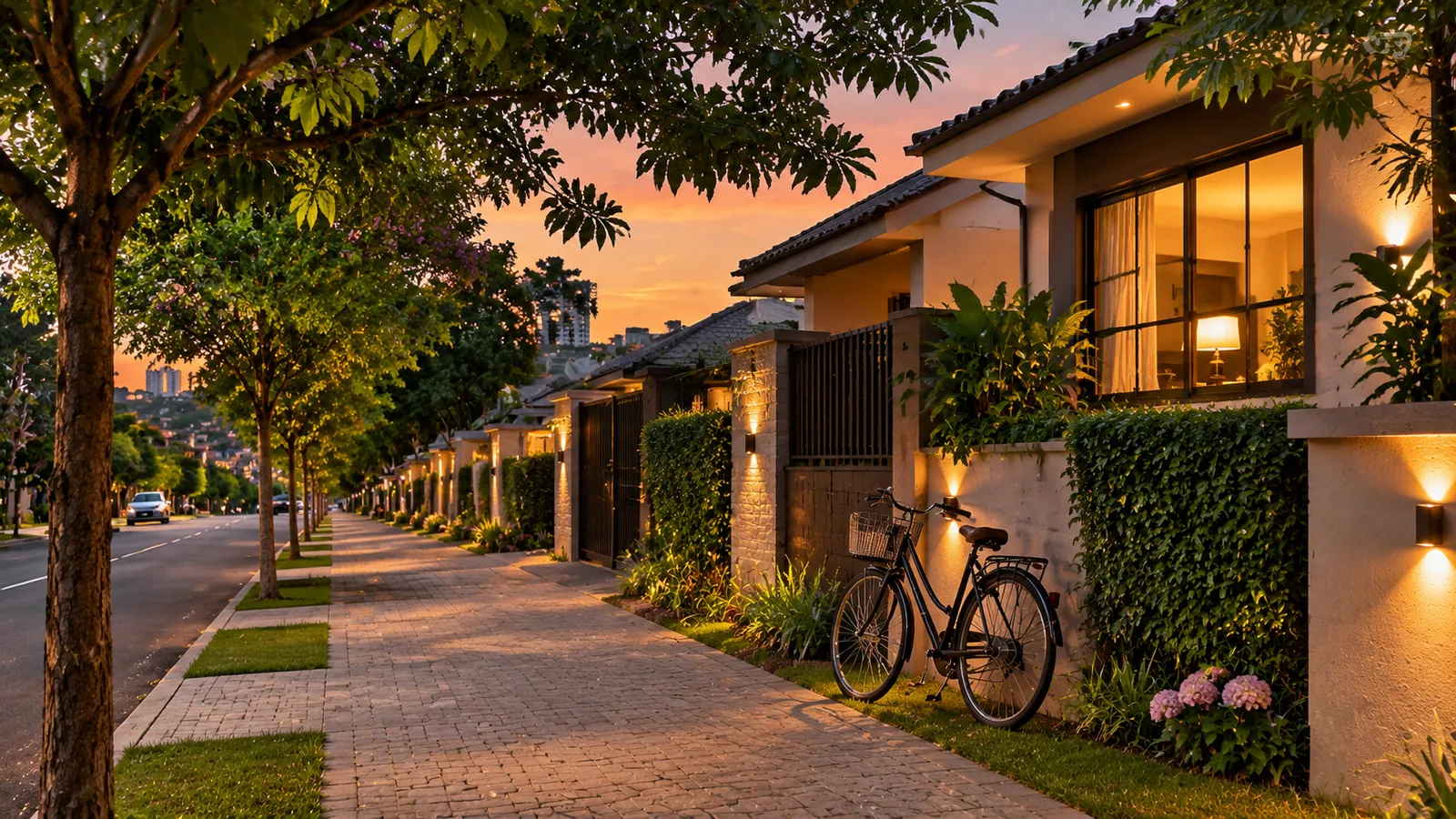 Rua arborizada com calçada e casas iluminadas ao entardecer, com bicicleta encostada no muro, imagem ilustrativa sobre escolha de bairro