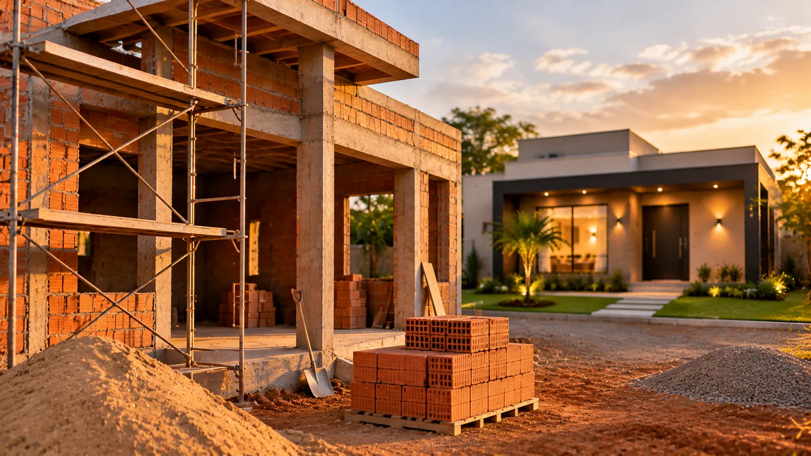 Casa em construção com andaime e tijolos em primeiro plano e casa pronta ao fundo, imagem ilustrativa sobre construir ou comprar pronta