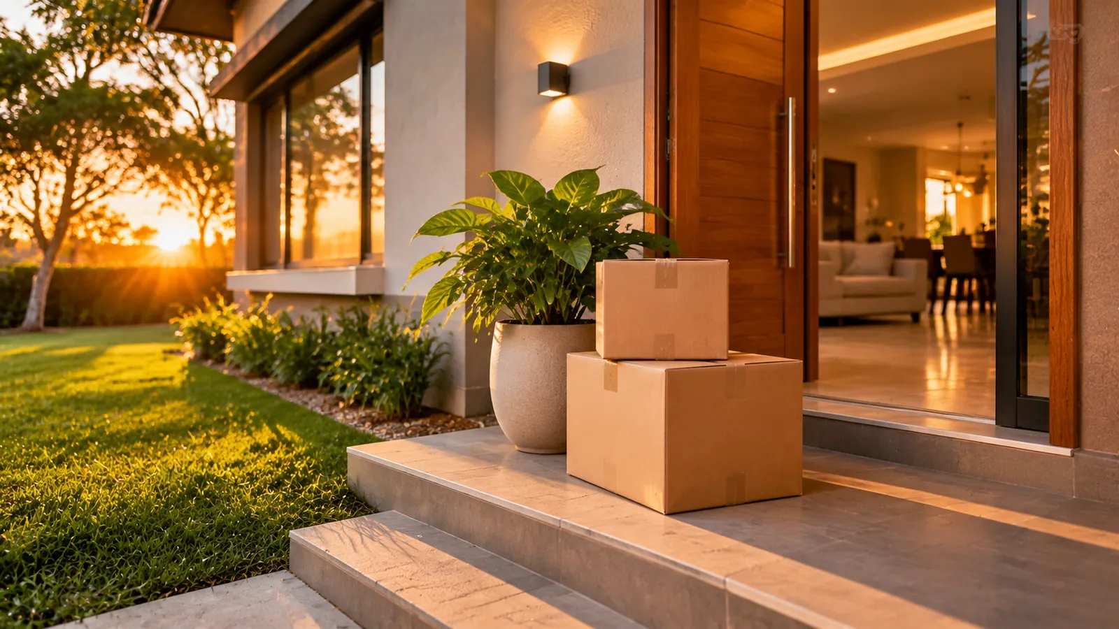 Caixas de mudança e vaso de planta na entrada de uma casa ao pôr do sol, imagem ilustrativa sobre mudar de cidade
