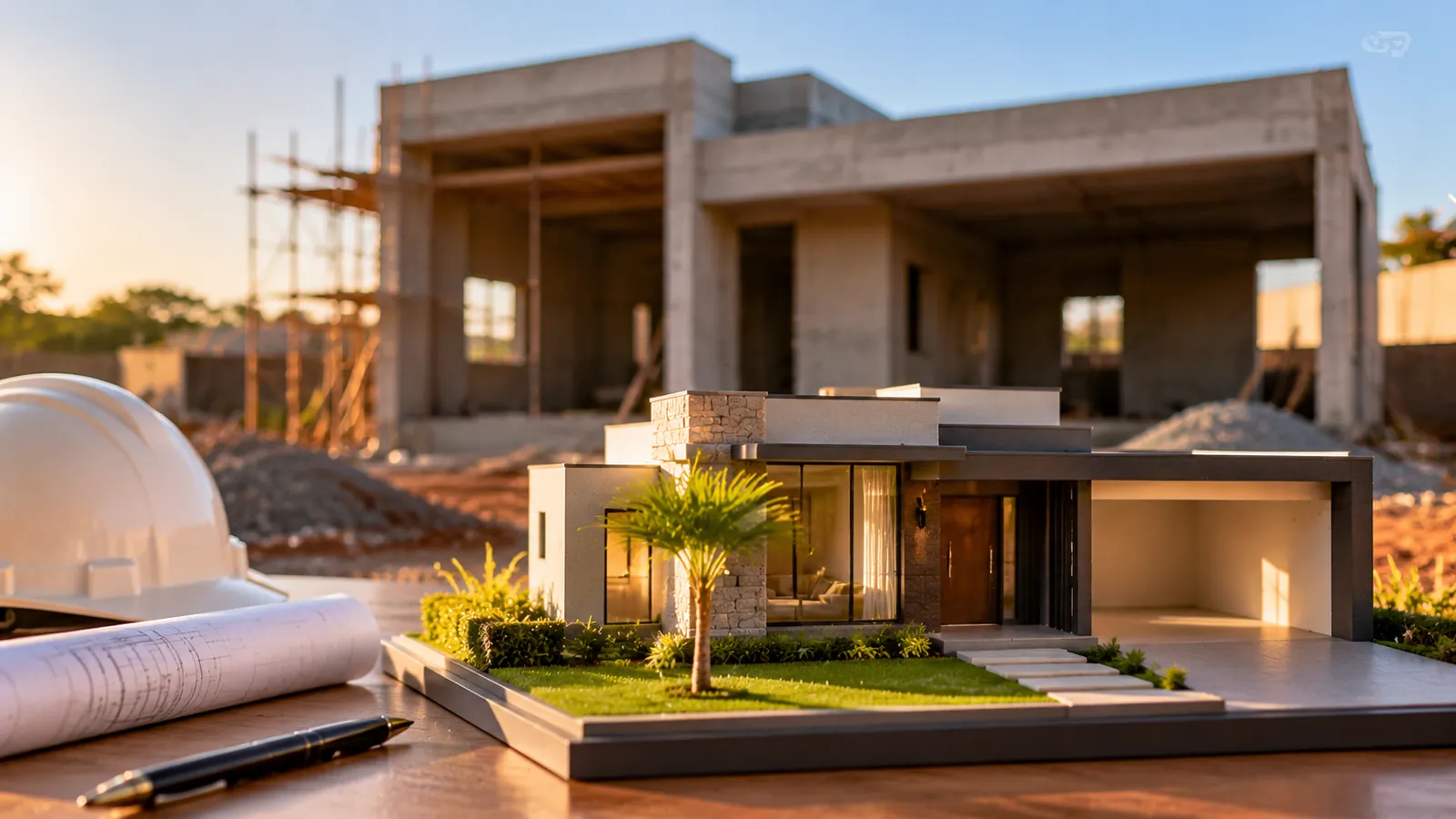 Maquete de casa moderna diante de obra em estrutura de concreto, com capacete e projeto sobre a mesa, imagem ilustrativa sobre imóvel na planta