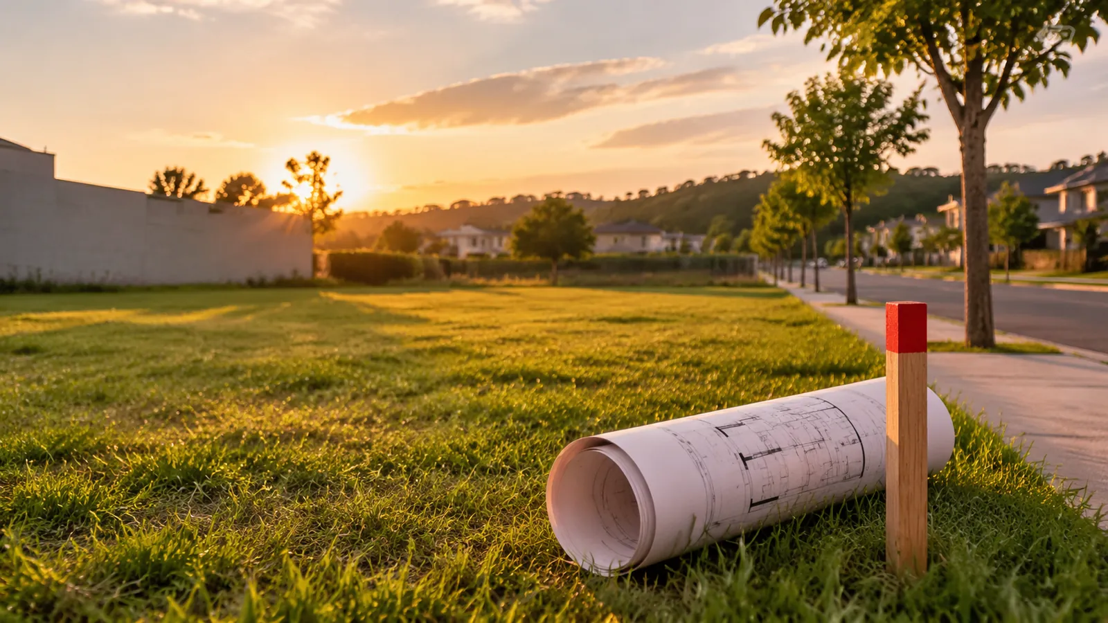 Rolo de projeto arquitetônico e estaca de demarcação sobre terreno gramado ao pôr do sol, imagem ilustrativa sobre compra de terreno