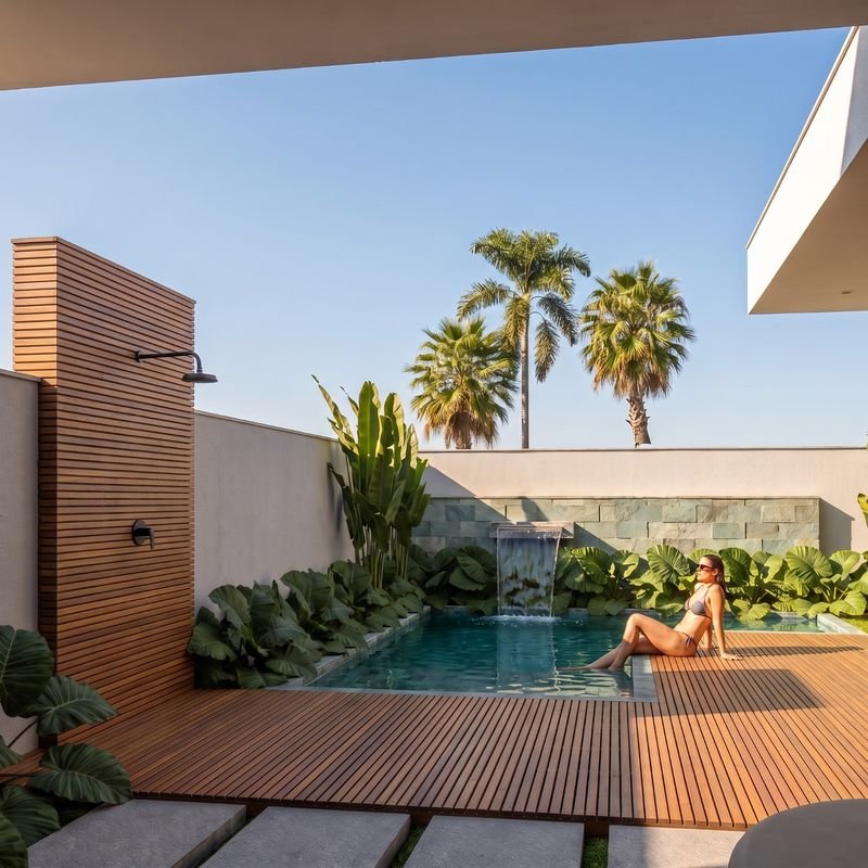 Deck de madeira, piscina com cascata e chuveiro externo em ripado, em amplo espaço externo (projeto) — casa de alto padrão à venda no Cadorin, Pato Branco