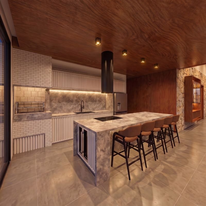 Espaço gourmet integrado com ilha central, bancos altos, churrasqueira e teto em madeira (projeto) — casa de alto padrão à venda no Cadorin, Pato Branco