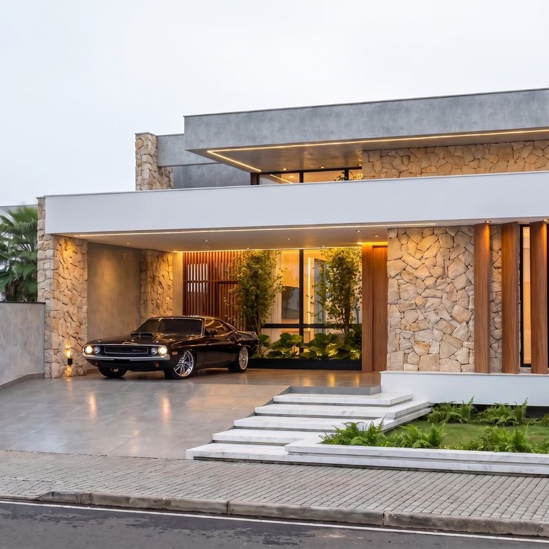 Garagem coberta para dois veículos e entrada da casa térrea, com iluminação indireta e escada em mármore (projeto) — casa de alto padrão à venda no Cadorin, Pato Branco