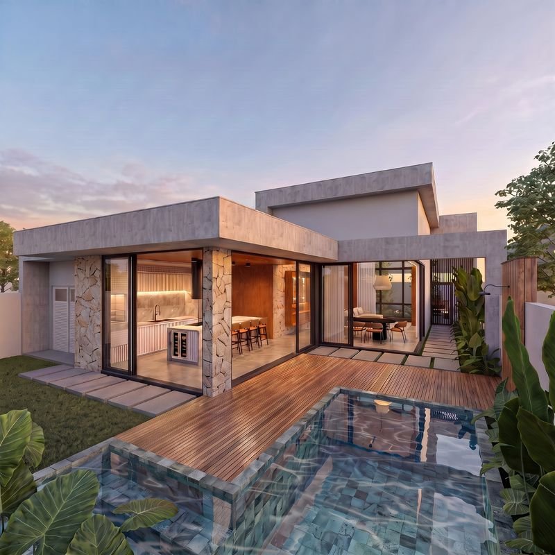 Vista dos fundos da casa ao entardecer, com espaço gourmet, deck de madeira e piscina (projeto) — casa de alto padrão à venda no Cadorin, Pato Branco