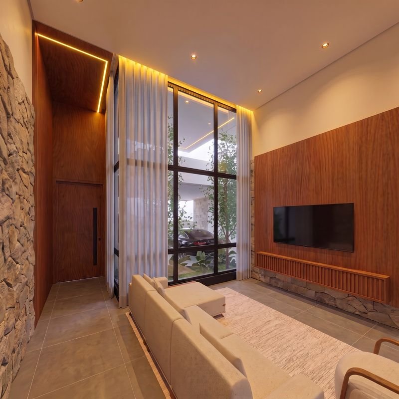 Sala de estar com painel de madeira para TV e esquadrias de vidro até o teto que valorizam a luz natural (projeto) — casa de alto padrão à venda no Cadorin, Pato Branco