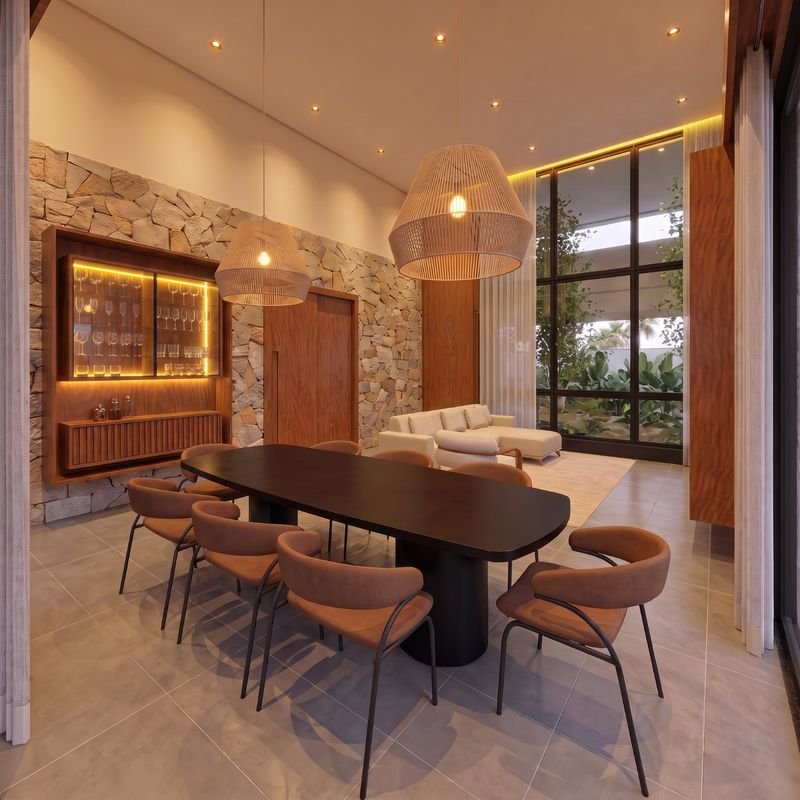 Sala de jantar com mesa para oito lugares, adega iluminada, parede de pedra e janelas altas (projeto) — casa de alto padrão à venda no Cadorin, Pato Branco