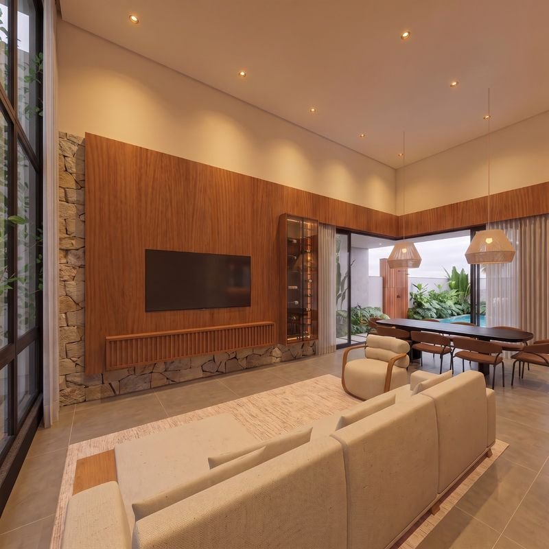 Sala de estar com sofá, painel de madeira, adega envidraçada e integração com a sala de jantar (projeto) — casa de alto padrão à venda no Cadorin, Pato Branco