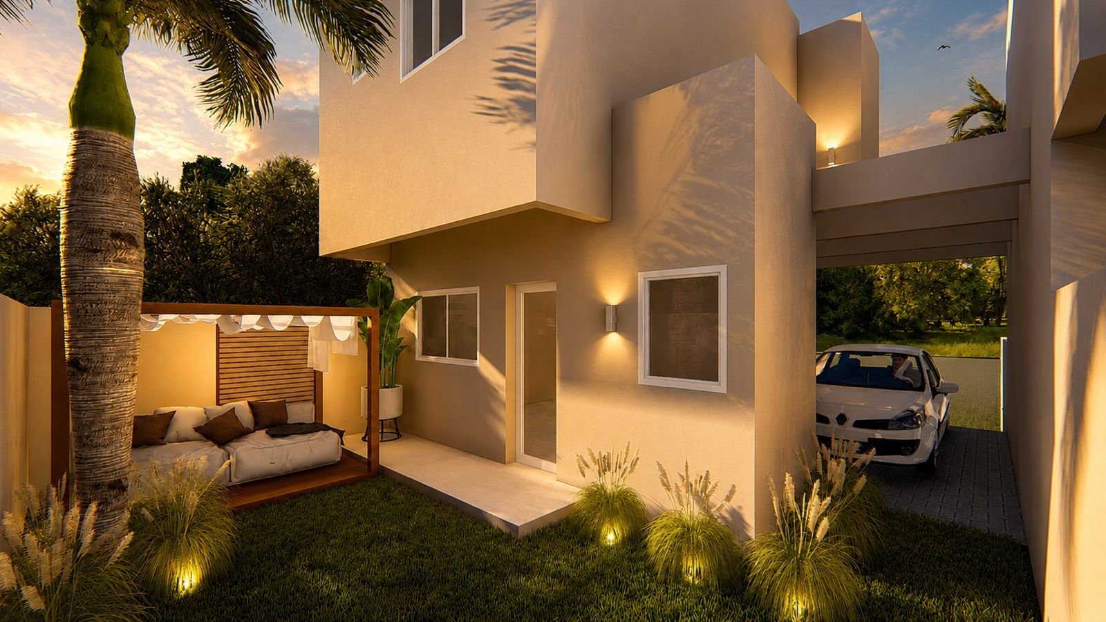 Sobrado Jardim Matilde — fachada ao anoitecer com iluminação e jardim (projeto)